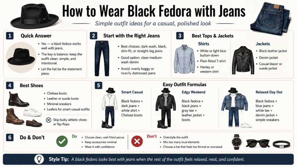 how to wear black fedora with jeans